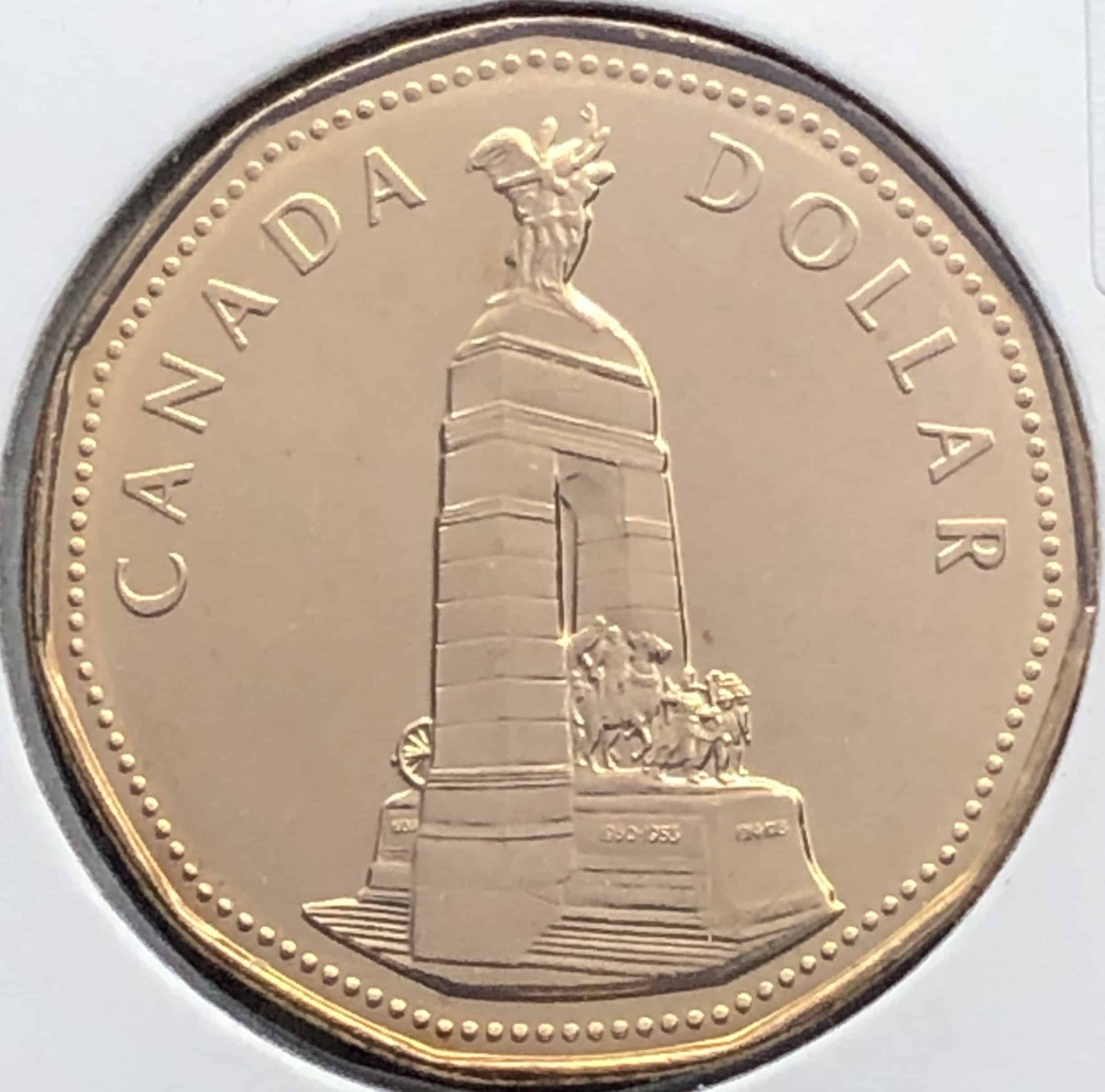 Revers Le Monument commémoratif de guerre du Canada, sur la place de la Confédération à Ottawa, est entouré de l'inscription "CANADA" et de la valeur faciale Écriture : Latin Inscription : CANADA DOLLAR 1939 1950-1953 1914-1918