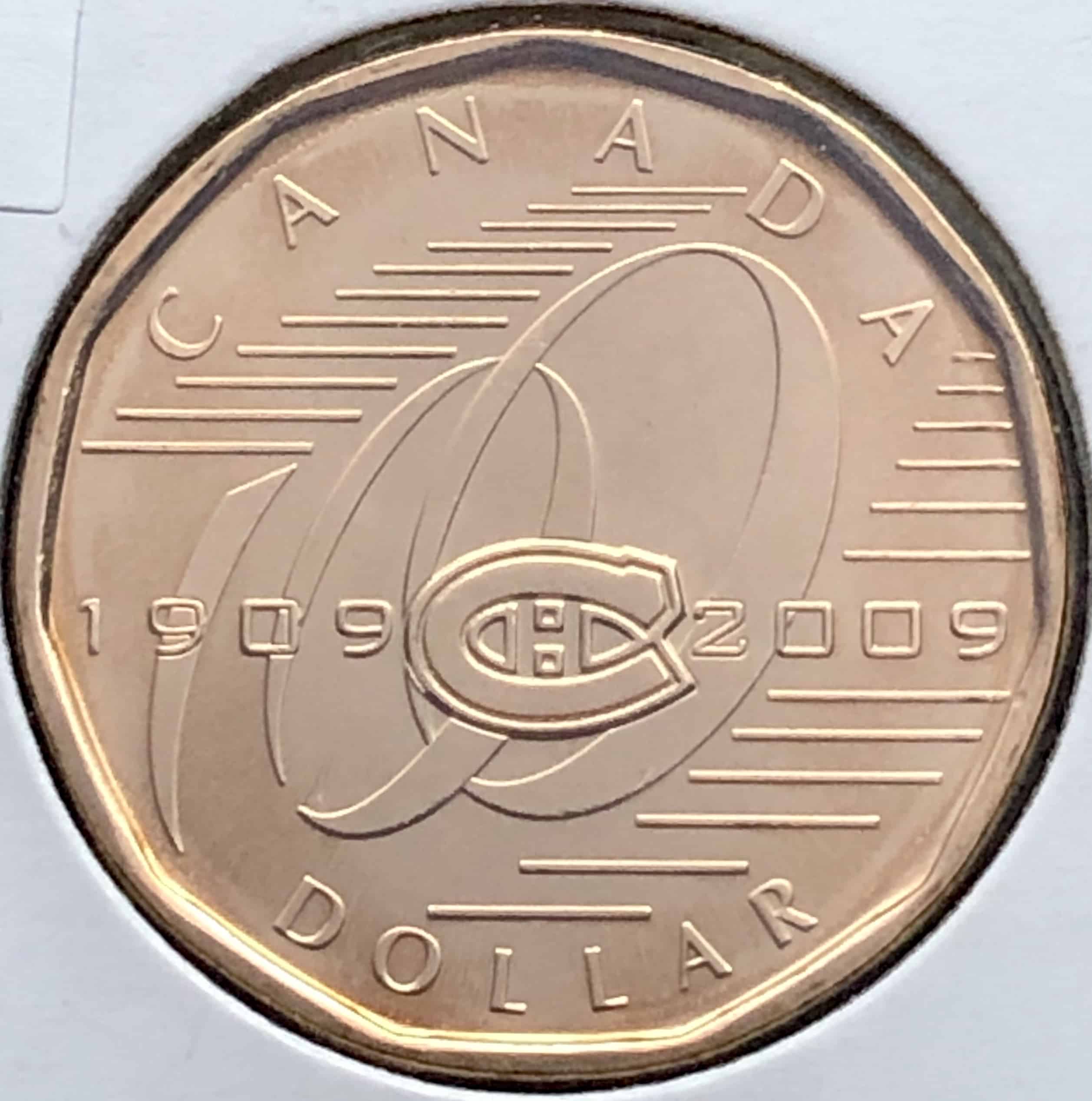 Revers Logo du club des Canadiens de Montréal, avec le chiffre 100 stylisé Écriture : Latin Inscription : CANADA 1909-2009 DOLLAR