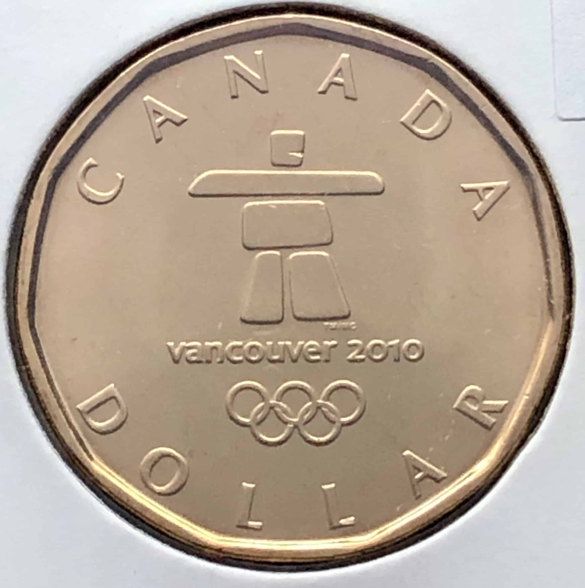 Revers Logo des jeux olympique de Vancouver. Inukshuk Écriture : Latin Inscription : C A N A D A TM/MC vancouver 2010 D O L L A R