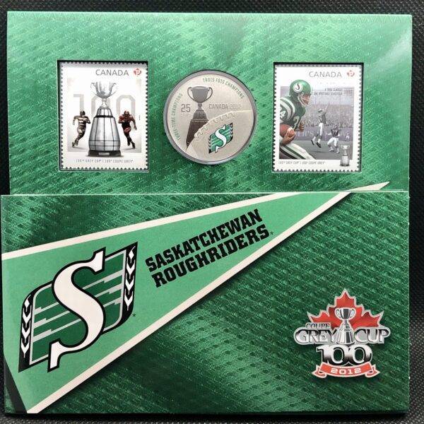 Canada - Les Roughriders de Saskatchewan - Ensemble 25 Cents colorée et timbres 2012