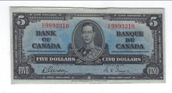 Canada - Billet de 5 Dollars 1937 Gordon/Towers - BC-23b