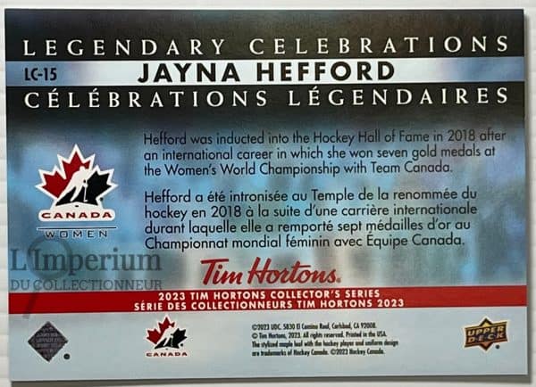 LC-15 Jayna Hefford – Carte d’Hockey Célébrations Légendaires 2023