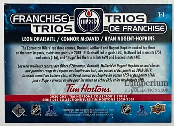 T-1 Leon Draisaitl - Connor McDavid - Ryan Nugent-Hopkins - Carte d'Hockey LNH 2020-2021