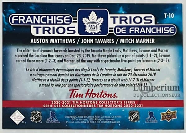 T-10 Auston Matthews - John Tavares - Mitch Marner - Carte d'Hockey LNH 2020-2021