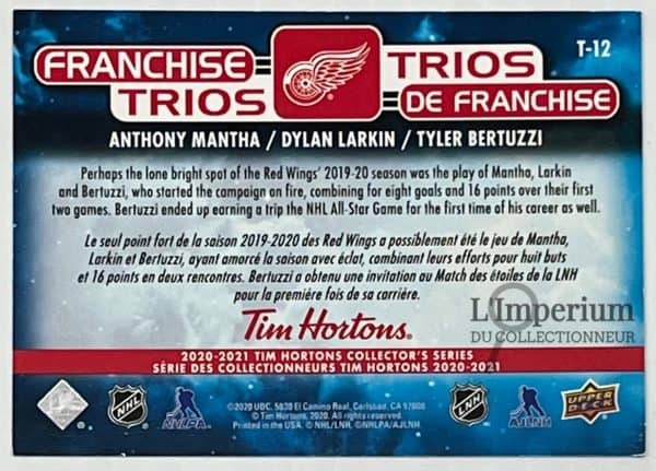 T-12 Anthony Mantha - Dylan Larkin - Tyler Bertuzzi - Carte d'Hockey LNH 2020-2021