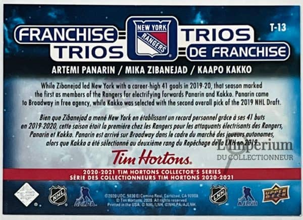 T-13 Artemi Panarin - Mika Zibanejad - Kaapo Kakko - Carte d'Hockey LNH 2020-2021
