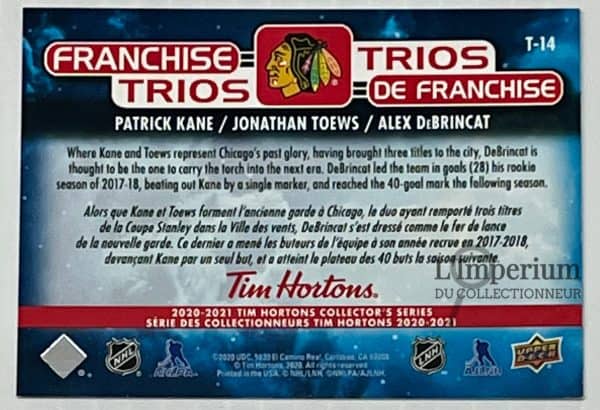 T-14 Patrick Kane - Jonathan Toews - Alex DeBrincat - Carte d'Hockey LNH 2020-2021