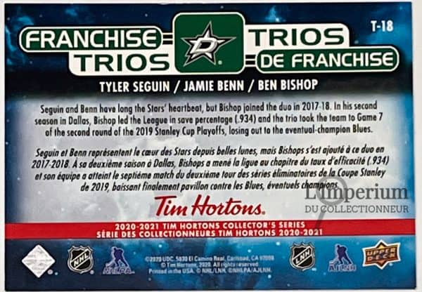 T-18 Tyler Seguin - Jamie Benn - Ben Bishop - Carte d'Hockey LNH 2020-2021