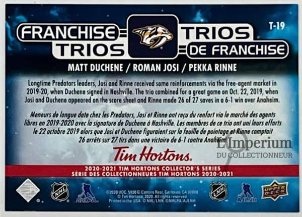 T-19 Matt Duchene - Roman Josi - Pekka Rinne - Carte d'Hockey LNH 2020-2021