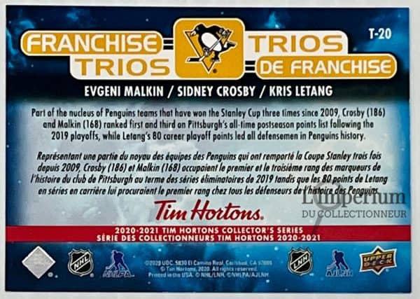 T-20 Evgeni Malkin - Sidney Crosby - Kris Letang - Carte d'Hockey LNH 2020-2021