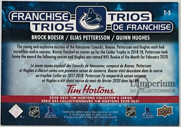 T-5 Brock Boeser - Elias Pettersson - Quinn Hughes - Carte d'Hockey LNH 2020-2021