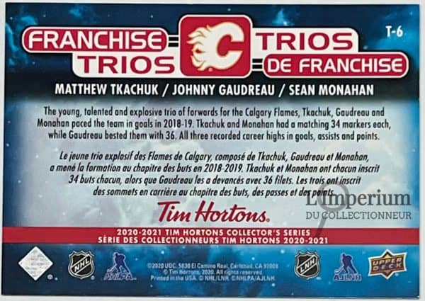T-6 Matthew Tkachuk - Johnny Gaudreau - Sean Monahan - Carte d'Hockey LNH 2020-2021