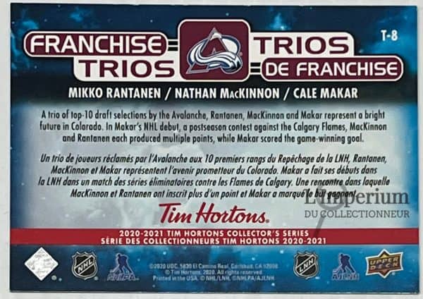 T-8 Mikko Rantanen - Nathan MacKinnon - Cale Makar - Carte d'Hockey LNH 2020-2021