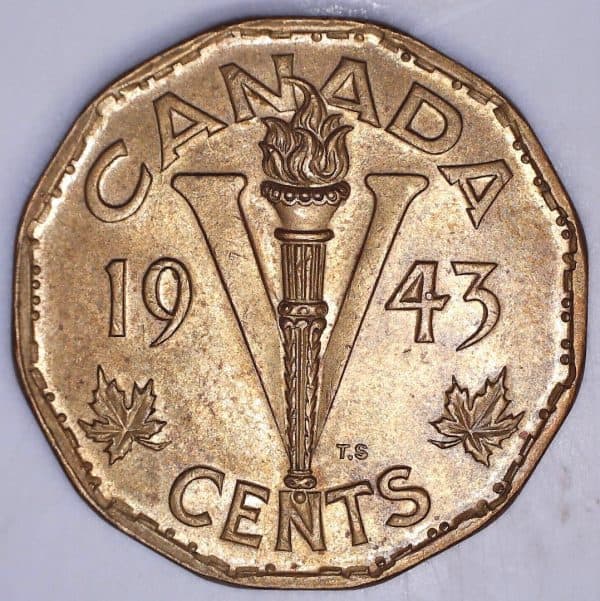 1943 5 Cents CANADA Tombac DOT on 4 AU-50