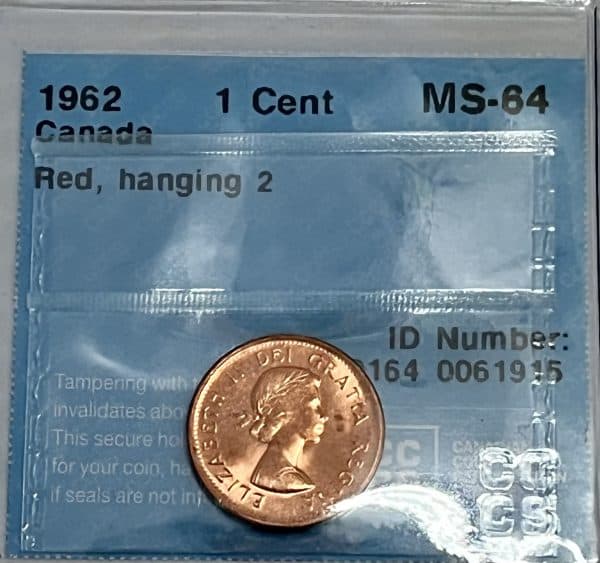 CANADA - 1 CENT 1962 - Red ; Hanging 2 - MS-64 - Certifié CCCS