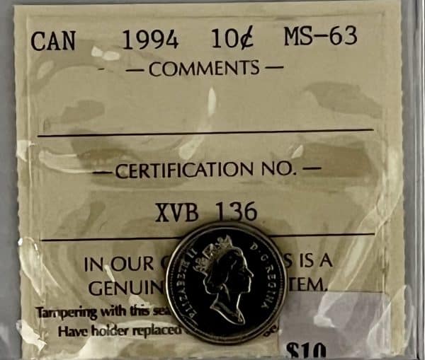 CANADA - 10 Cents 1994 - MS-63 - Certifié ICCS