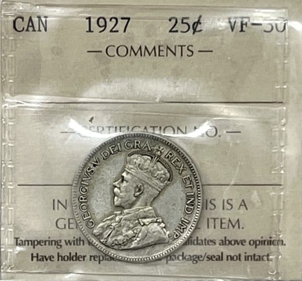 Canada - 25 cents 1927 - Certifié VF-30
