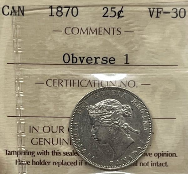 Canada - 25 cents 1870 Obv 1 - Certifié VF-30