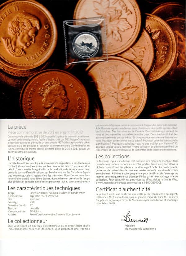 Piece de 20 Dollars - Argent Fin – 2012 – ADIEU A LA PIECE DE UN CENT- 20$ POUR 20$